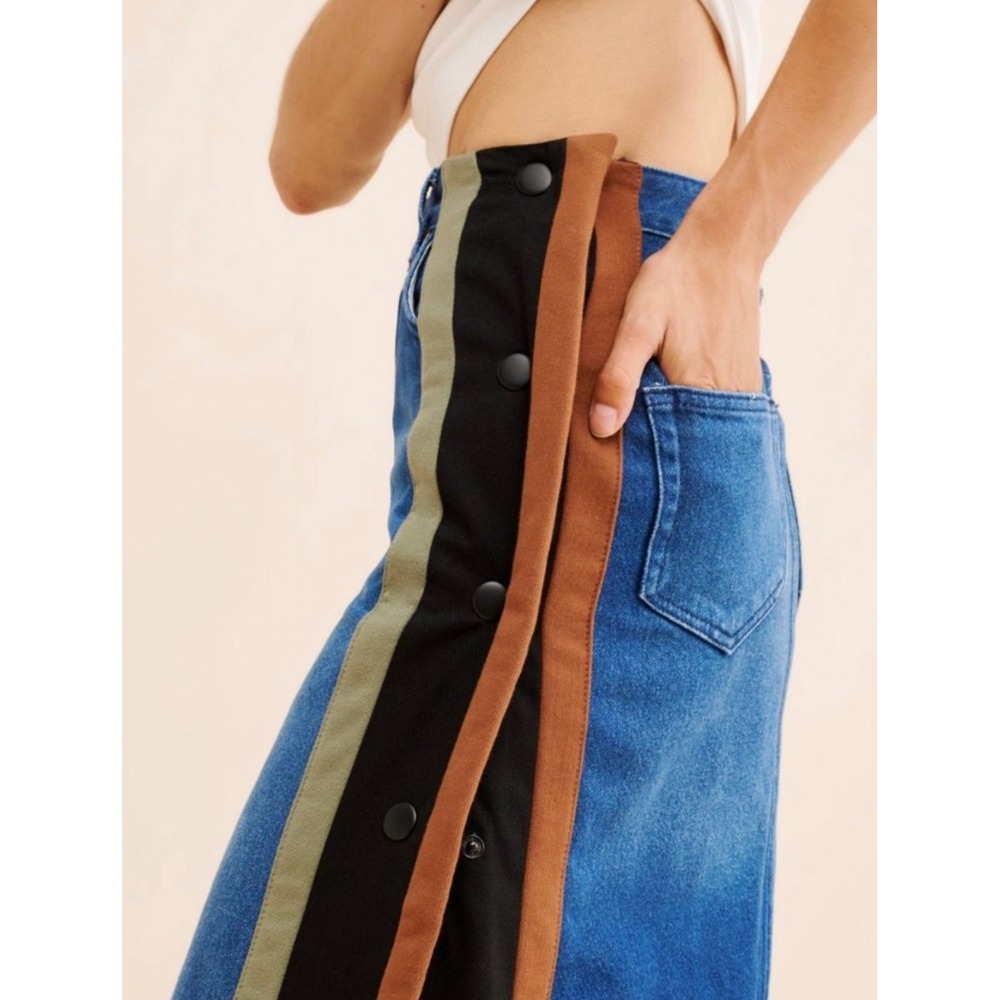 Pilcro x Tricia Fix Re_Nuuly Denim Maxi Skirt Patchwork Snap Side Blue Size 8